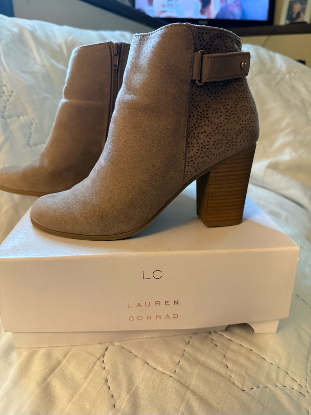 LC Lauren Conrad Taupe Suede-Look Ankle Booties with Block Heel
